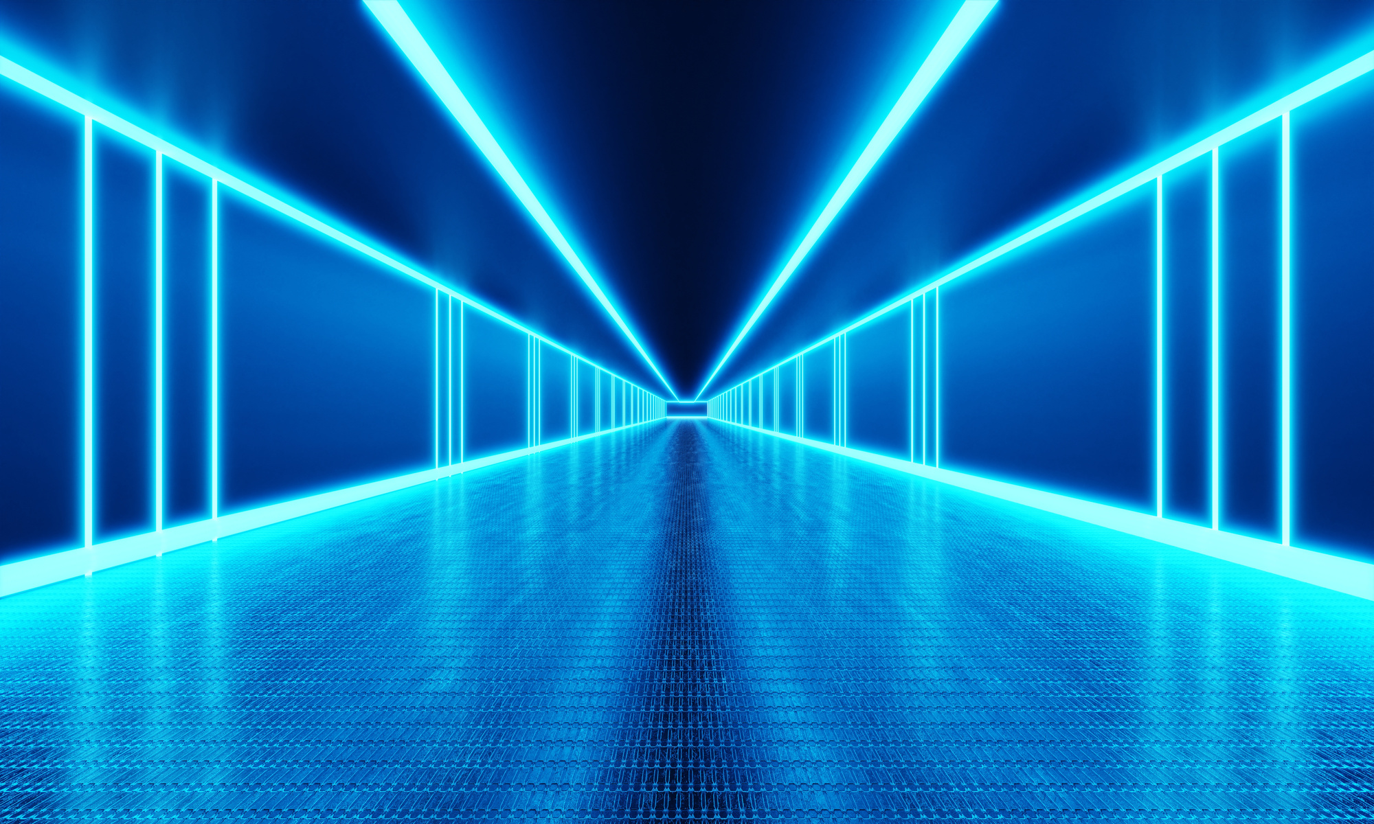 Empty Room with Infinity Walkway and Blue Neon Light Background. Abstract and Technology Concept. 3D Illustration Rendering
